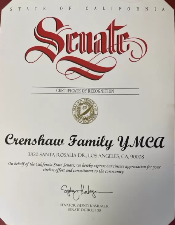 Crenshaw Family YMCA Certificate